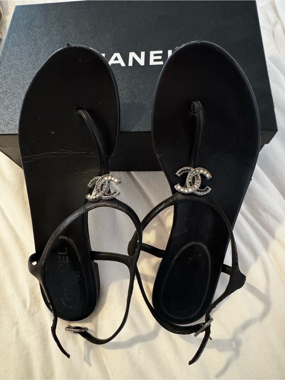 CHANEL Black Leather Crystal CC Logo Thong Sandals - Women